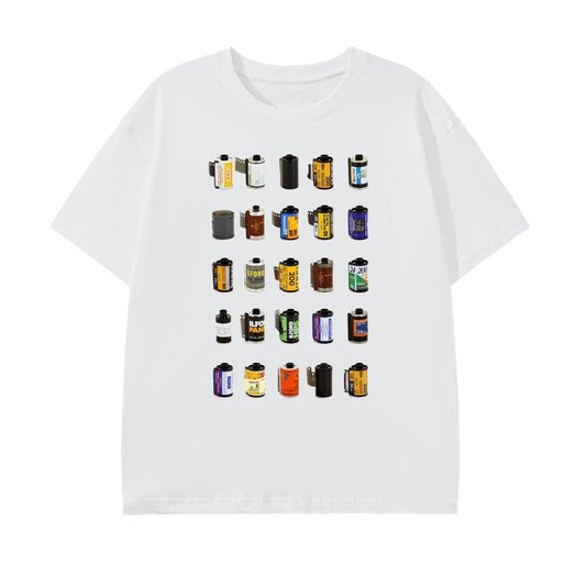OLD FILM CAMERA CARTRIDGES COLLAGE GRAPHIC - WHITE COTTON TEE