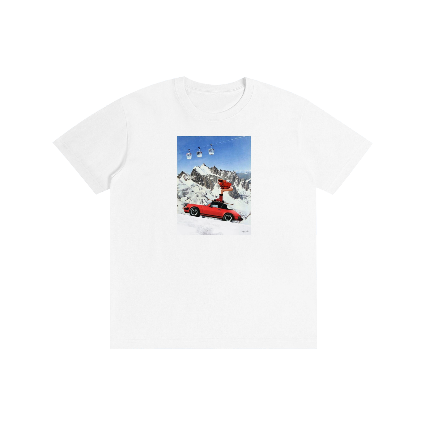 Red Sports Car & Skier Mountain Graphic T-Shirt | 100% Cotton Unisex Tee | Multiple Colors Available