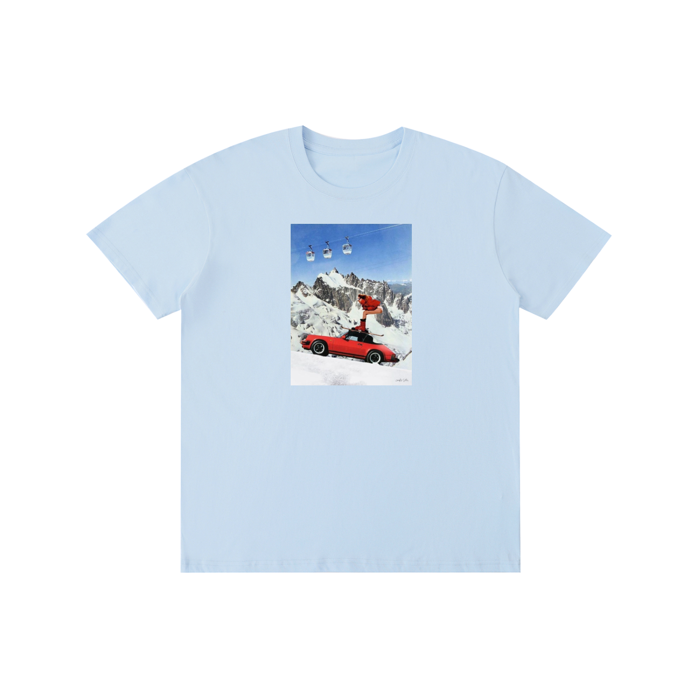 Red Sports Car & Skier Mountain Graphic T-Shirt | 100% Cotton Unisex Tee | Multiple Colors Available