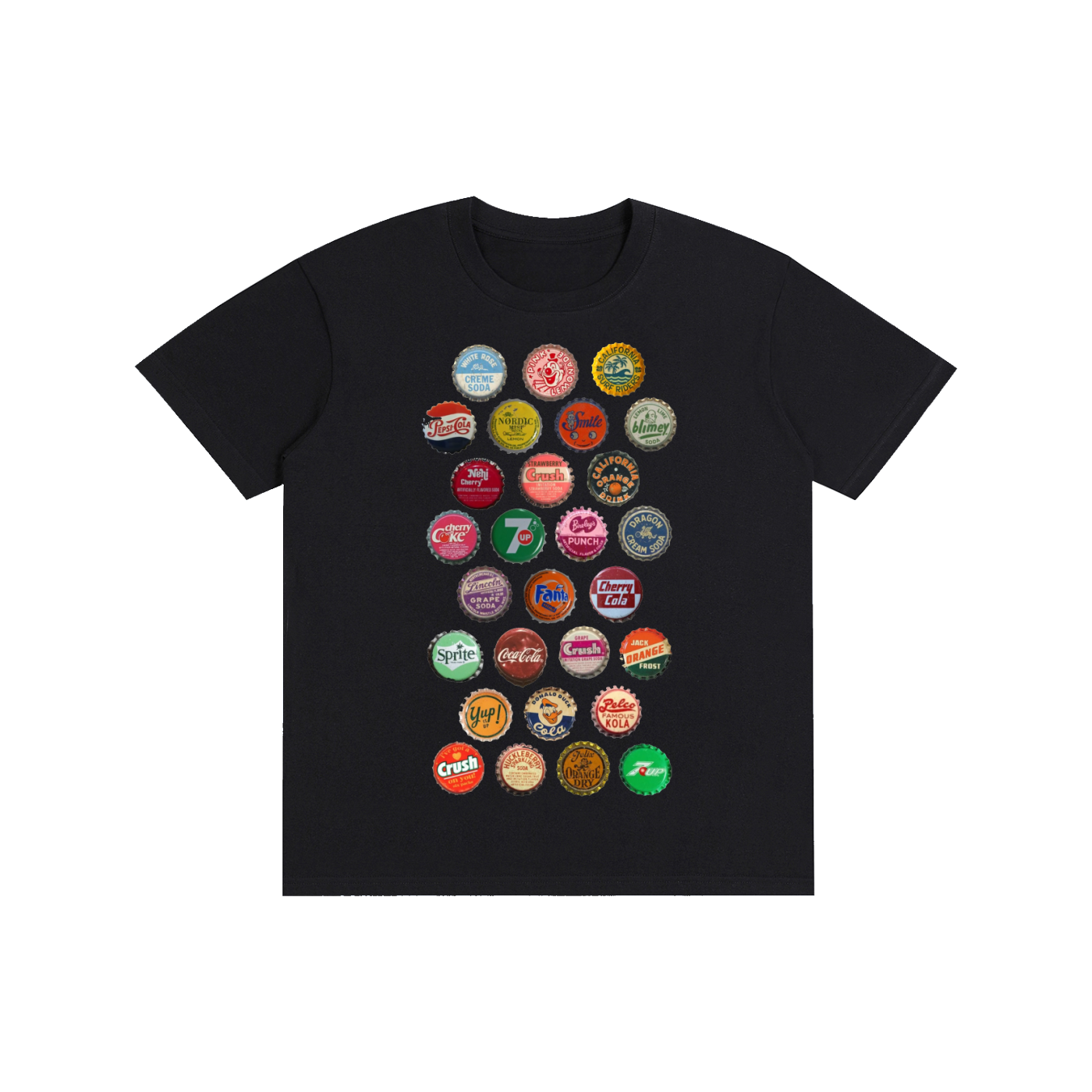 Retro Soda Bottle Caps Graphic Tee – Vintage Style Pop Culture Unisex T-Shirt