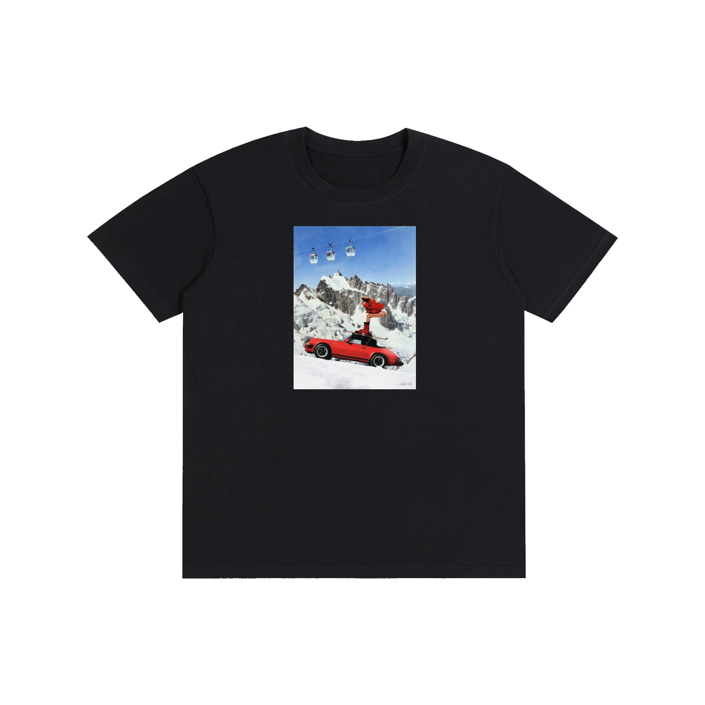 Red Sports Car & Skier Mountain Graphic T-Shirt | 100% Cotton Unisex Tee | Multiple Colors Available