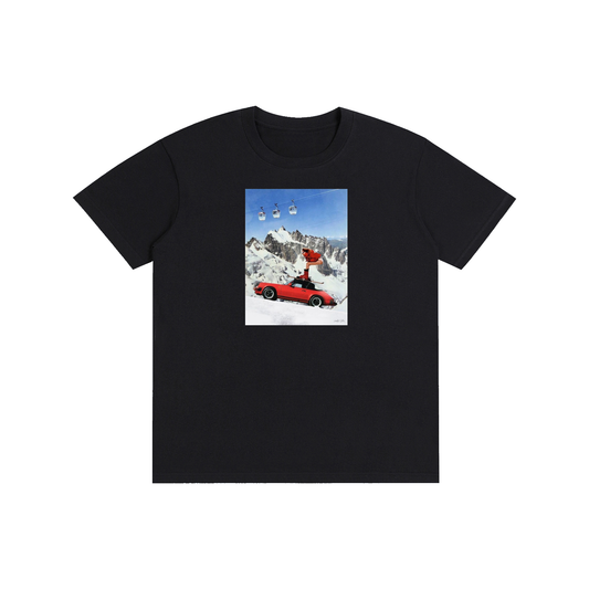 Red Sports Car & Skier Mountain Graphic T-Shirt | 100% Cotton Unisex Tee | Multiple Colors Available