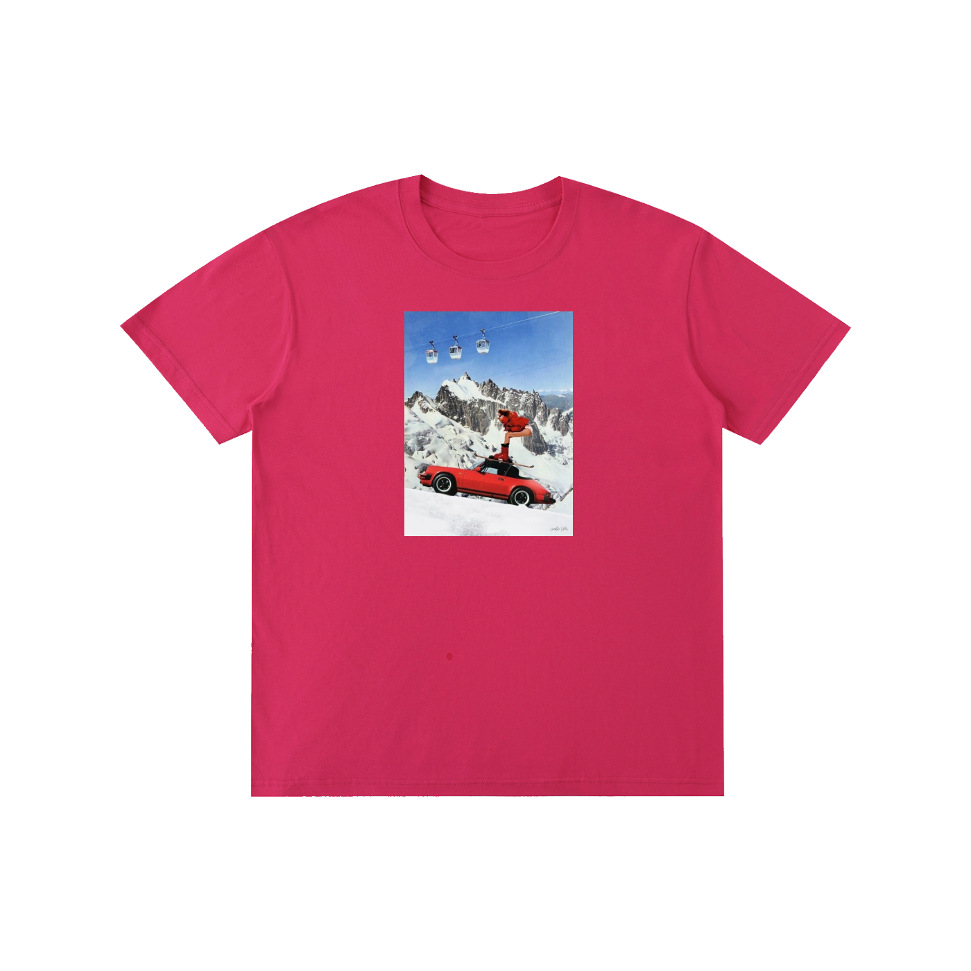 Red Sports Car & Skier Mountain Graphic T-Shirt | 100% Cotton Unisex Tee | Multiple Colors Available
